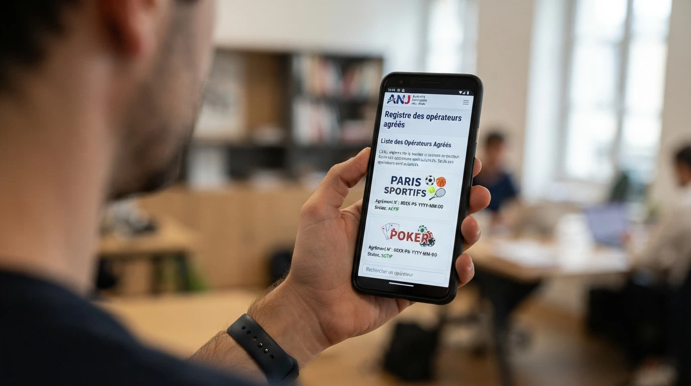 Capture d'écran du registre public des opérateurs agréés de l'ANJ consulté sur un écran de smartphone, avec la liste des opérateurs autorisés et la mention « paris sportifs » et « poker » en évidence