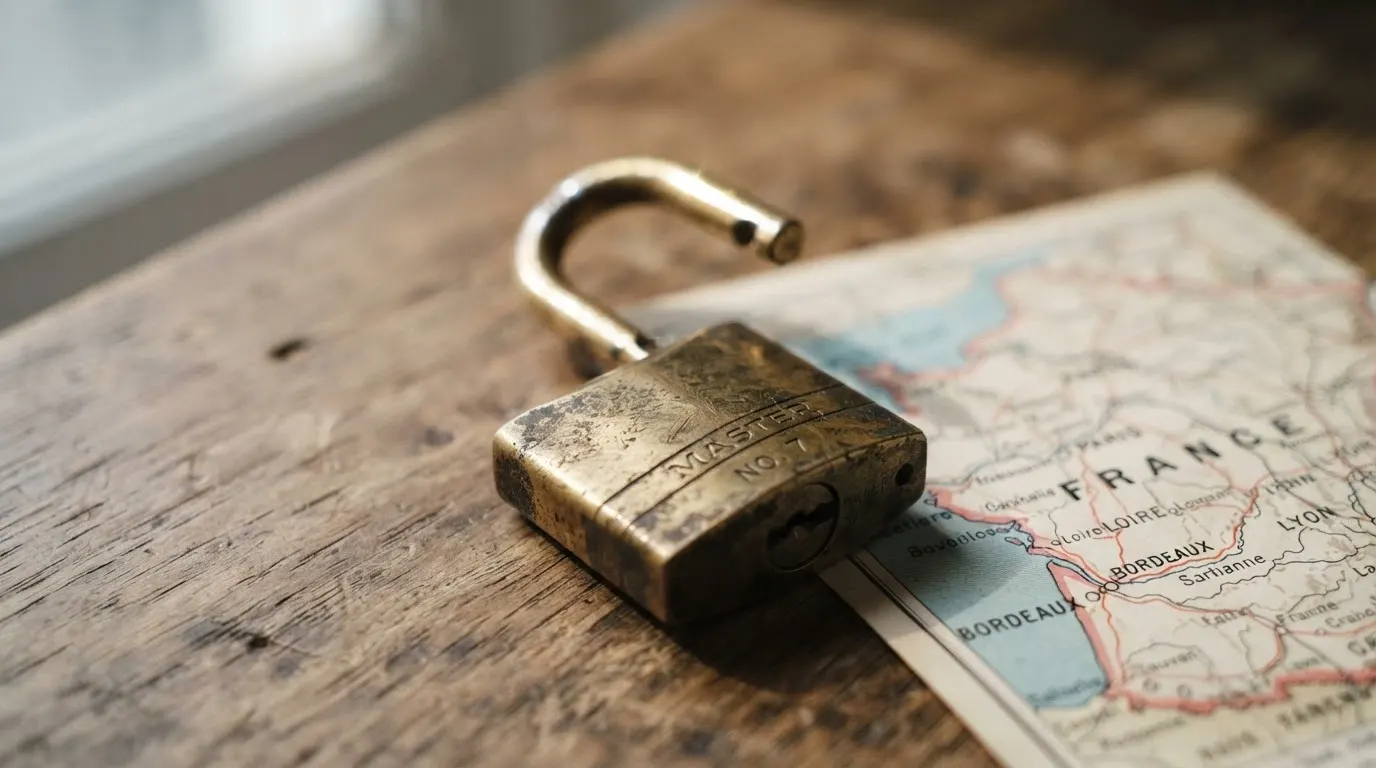 Gros plan sur un certificat de licence Curaçao posé à côté d'une carte de France, un cadenas ouvert en arrière-plan