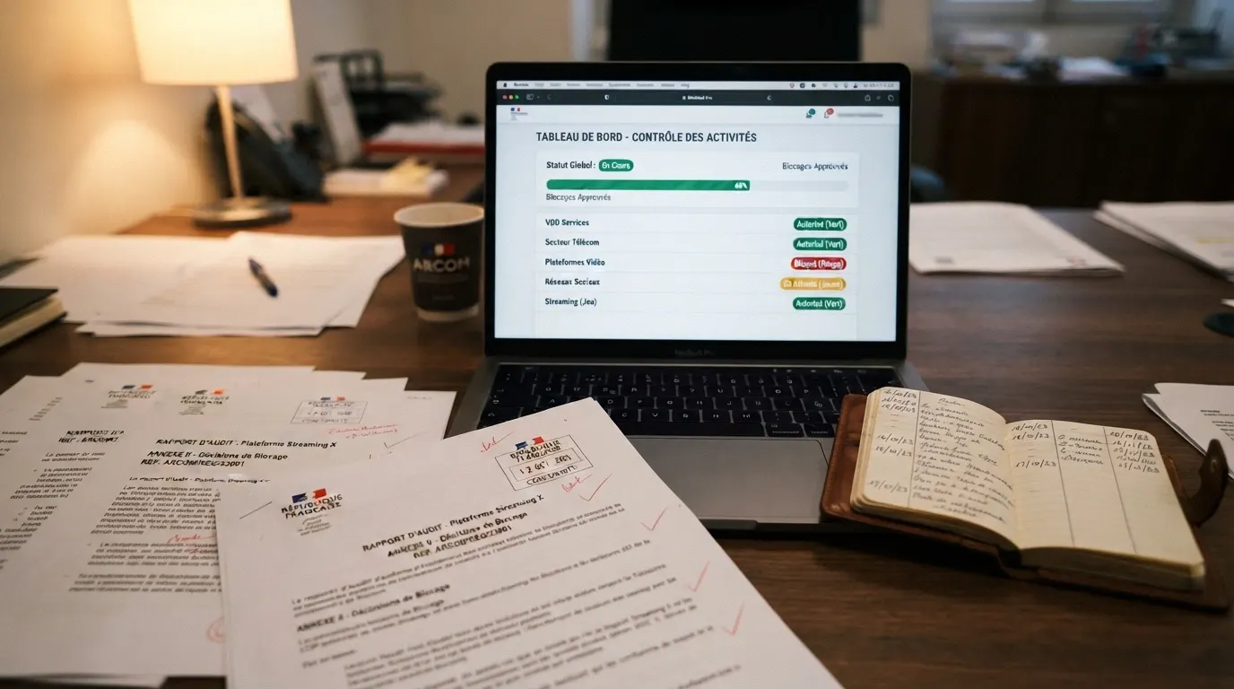 Un bureau de régulateur avec des documents officiels, le logo de l'ANJ sur un écran, et une liste de sites bloqués barrés en rouge.