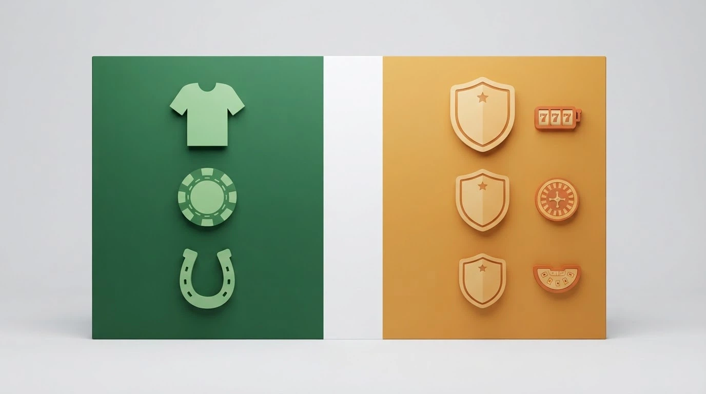 Deux colonnes visuelles : à gauche le logo ANJ avec les labels « paris sportifs, poker, hippisme » en vert, à droite une série d'icônes de licences internationales (MGA, Curaçao, Kahnawake) avec les labels « slots, roulette, blackjack, live » en orange