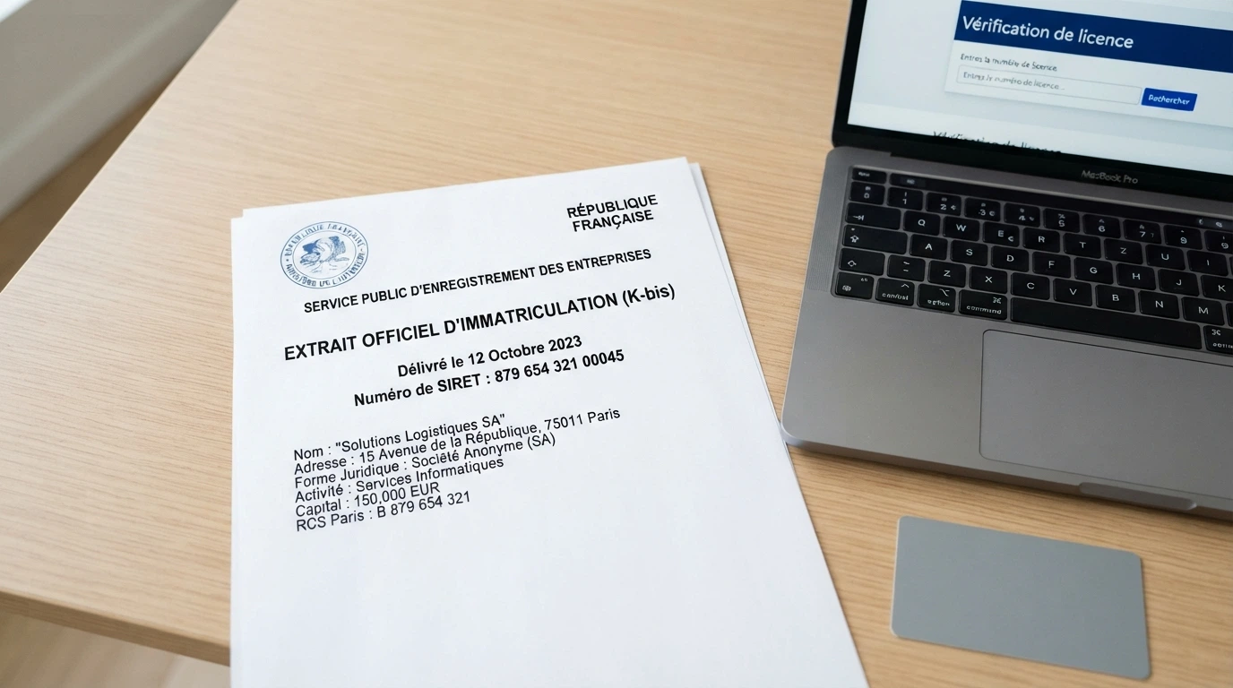 Un document officiel de licence de jeu posé à côté d'un clavier, avec le logo d'une autorité de régulation visible sur le document et un écran affichant une page de vérification de licence en arrière-plan