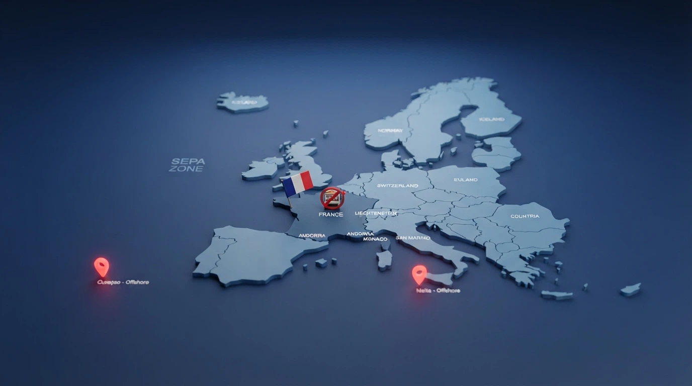 Carte de la zone SEPA en bleu avec des marqueurs rouges sur les juridictions de licence (Curaçao, Malte) et un drapeau français barré sur la catégorie casino