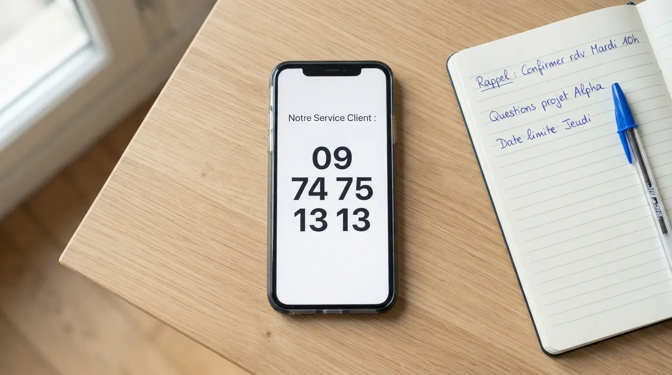 Un téléphone portable affichant le numéro de Joueurs Info Service (09 74 75 13 13) posé à côté d'un carnet et d'un stylo.