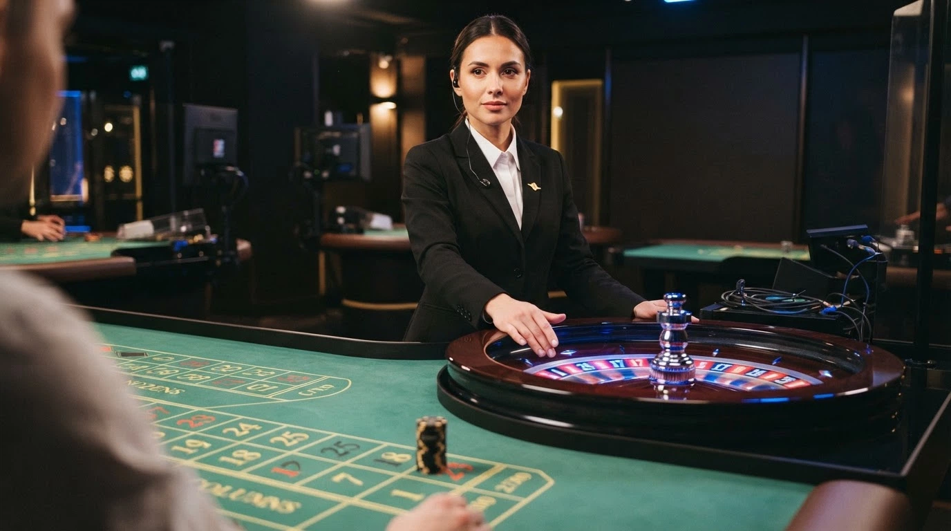 Croupier en direct animant une table de Lightning Roulette dans un studio Evolution Gaming