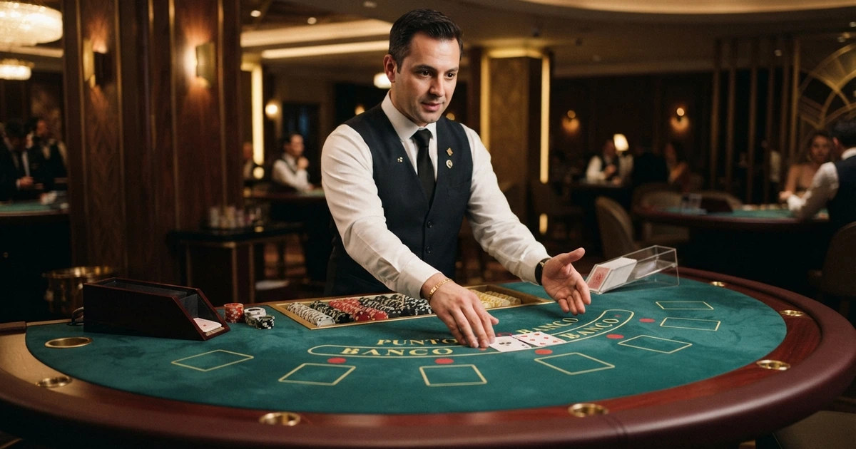Une table de punto banco avec un croupier en tenue de casino, des cartes disposées sur un tapis vert et des jetons de différentes couleurs