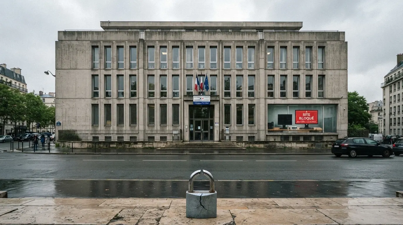 La façade de l'immeuble de l'ANJ à Issy-les-Moulineaux avec un cadenas brisé en surimpression et l'écran d'un ordinateur affichant « site bloqué » en français