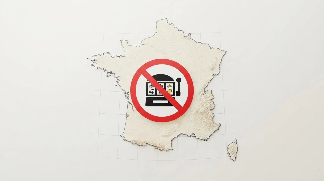 Une carte de la France avec le symbole de l'ANJ barrant l'accès aux machines à sous en ligne