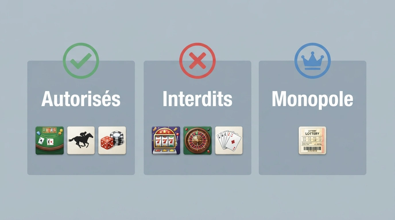 Un schéma en trois colonnes représentant les catégories de jeux d'argent en ligne : autorisés avec agrément, interdits, et en monopole d'État.