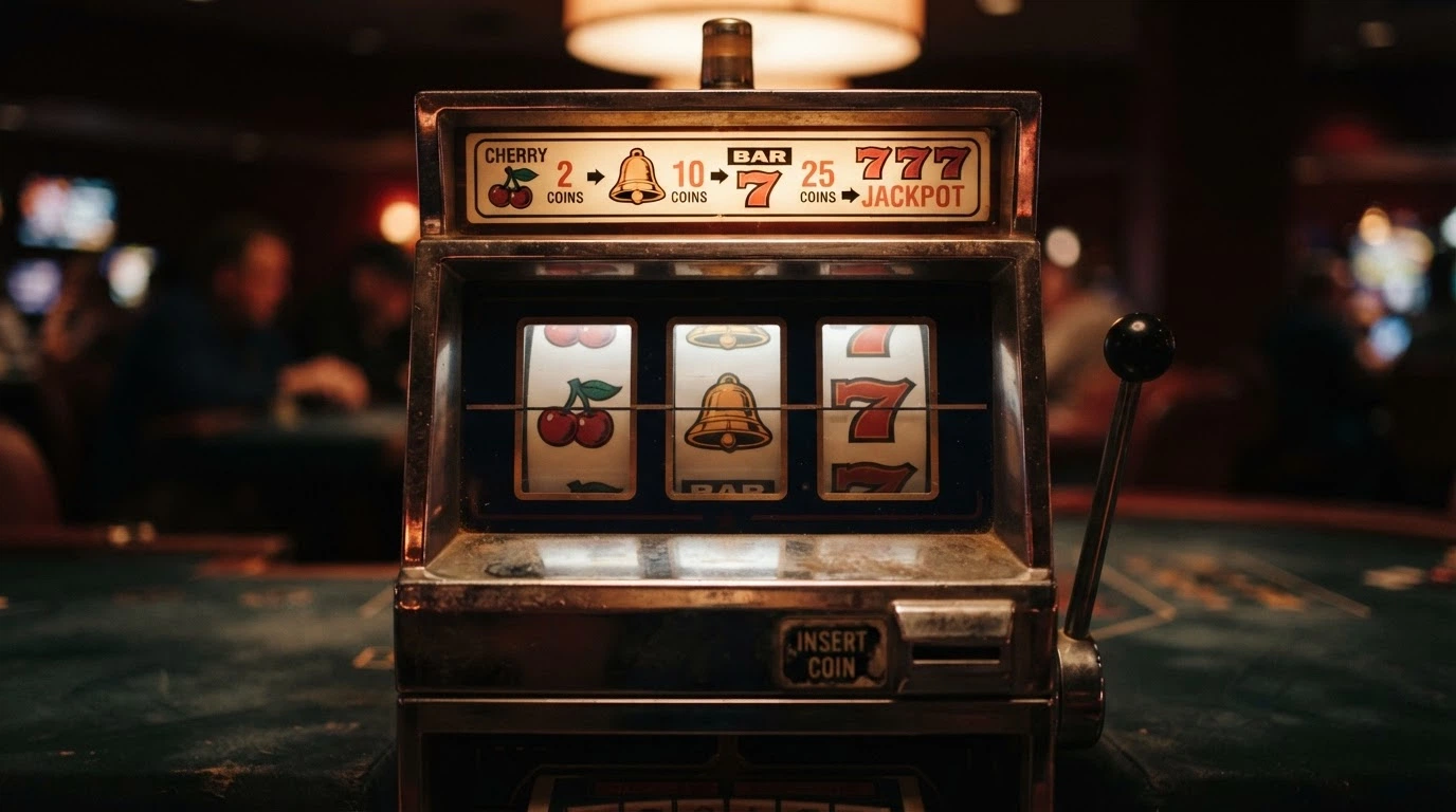 Machine à sous classique à trois rouleaux avec symboles fruits, cloche et 777 en mode démonstration gratuite
