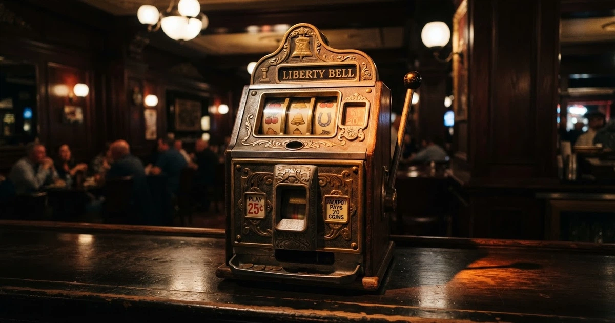 Une machine à sous mécanique vintage de type bandit manchot avec son levier latéral caractéristique, rouleaux et symboles de fruits, dans un casino au décor classique