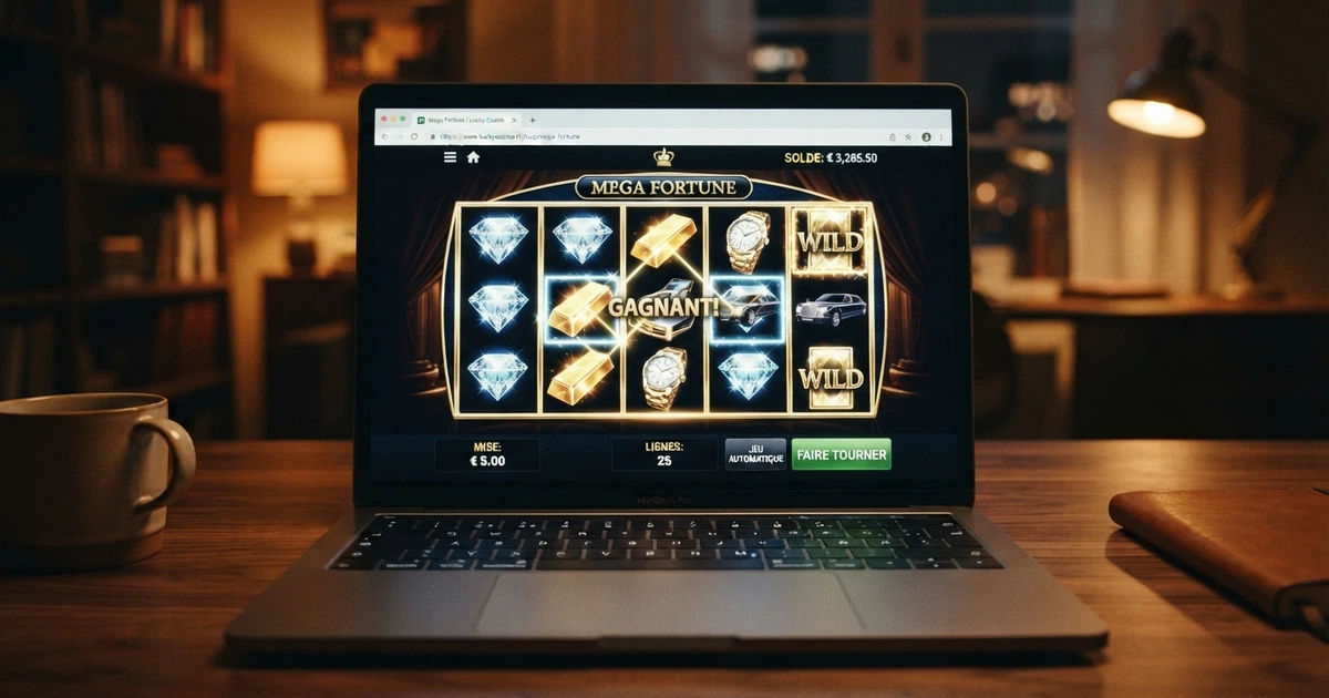 Une interface de machine à sous colorée affichée dans un navigateur web sur un écran d'ordinateur portable, avec des rouleaux visibles, aucun logo de casino, l'URL du navigateur visible mais floutée