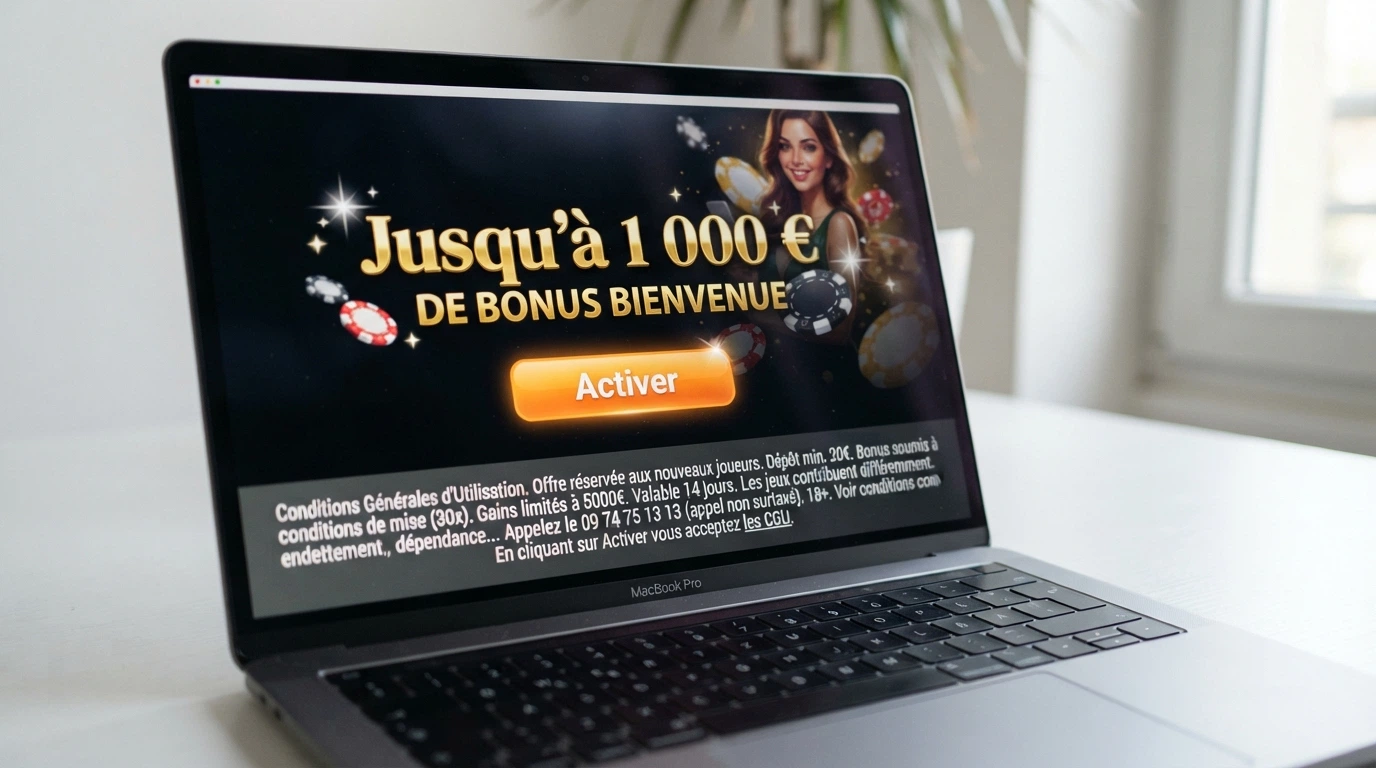 Interface d'un casino en ligne montrant une offre de bienvenue avec le montant du bonus et les conditions de mise en petits caractères