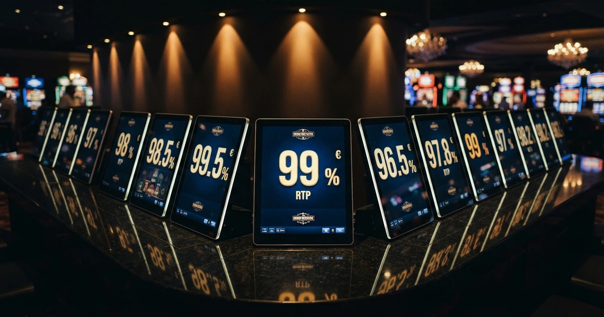 Une ligne de machines à sous en ligne affichant leur taux de redistribution sur un écran de casino