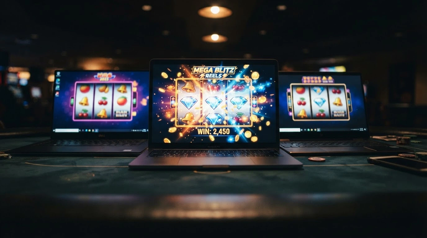 Galerie de machines à sous en ligne avec effets lumineux, symboles de fruits et jackpots progressifs, sur fond de thème crypto