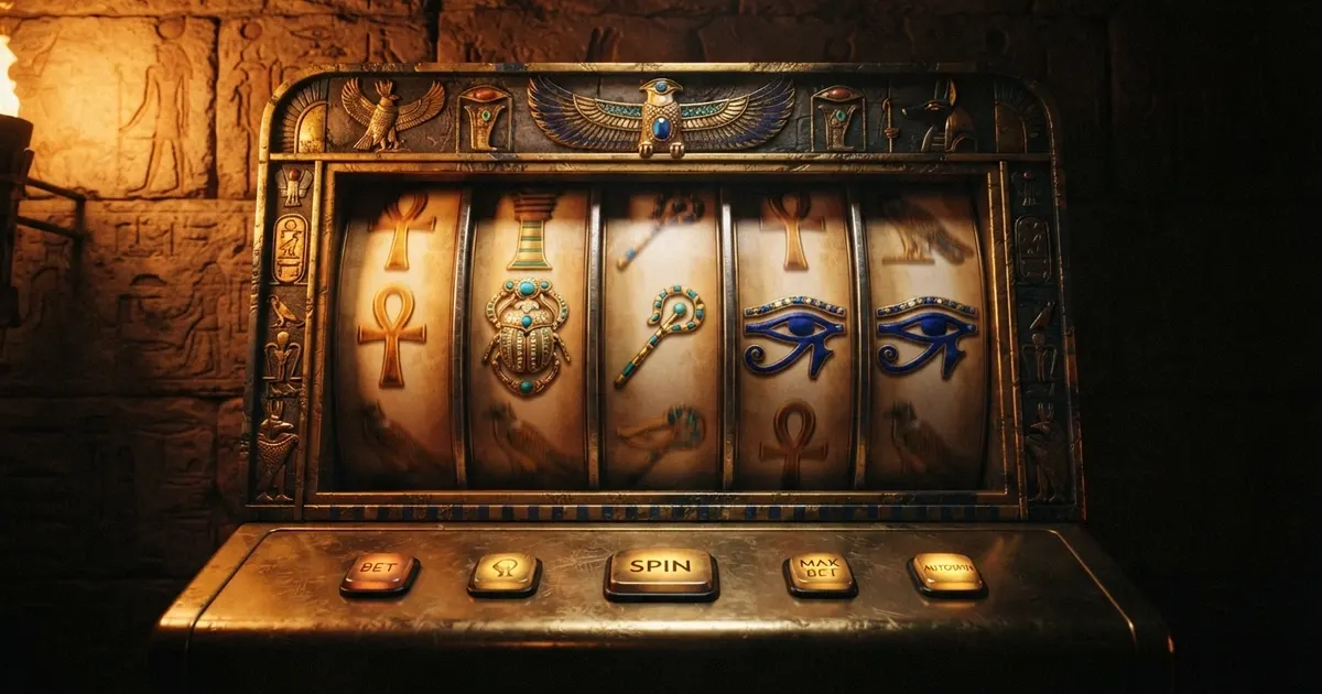 Interface de la machine à sous Cleopatra d'IGT avec ses rouleaux, ses symboles égyptiens et le bandeau de commandes