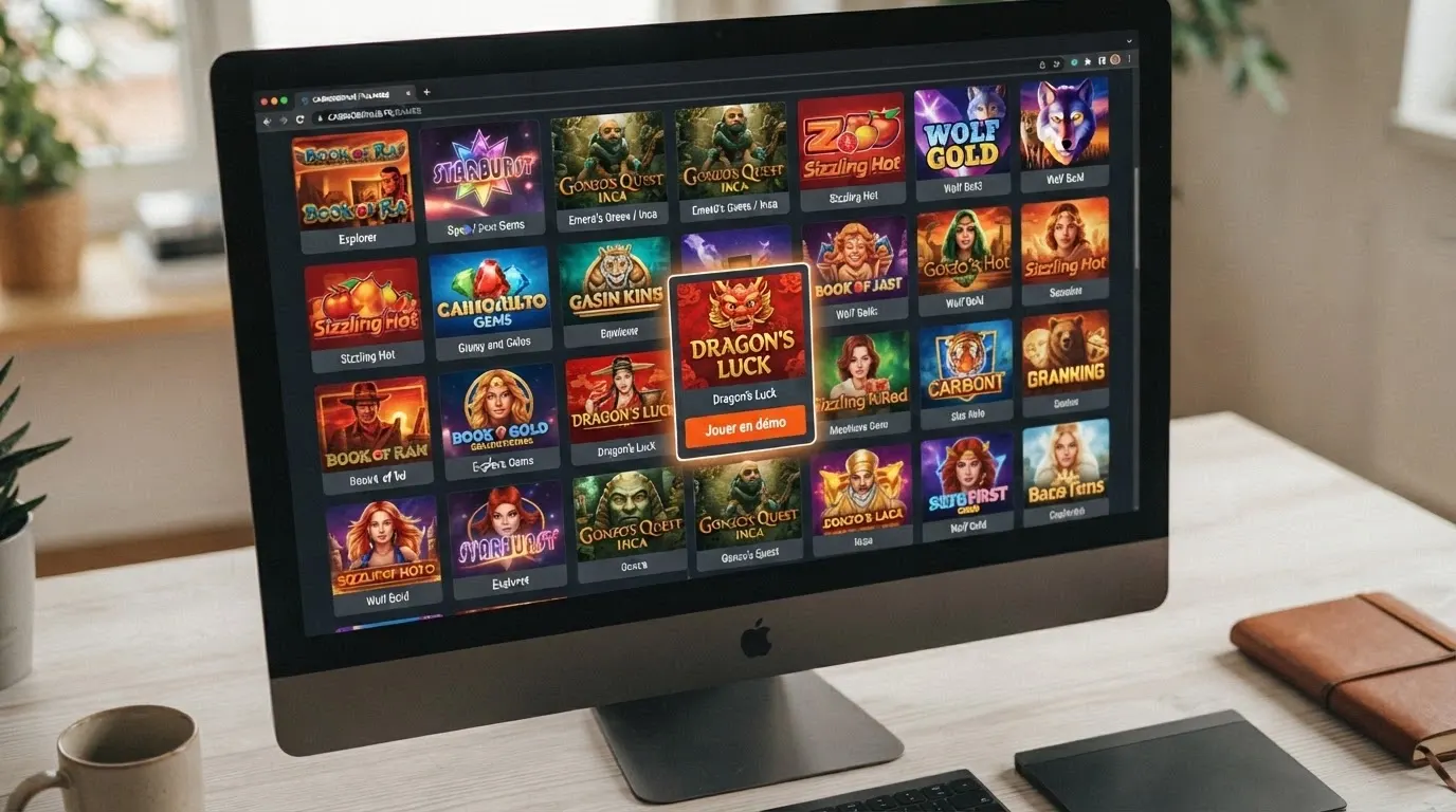 Une grille de machines à sous colorées dans un lobby de casino en ligne, avec le bouton « Jouer en démo » mis en évidence sur l'une d'elles