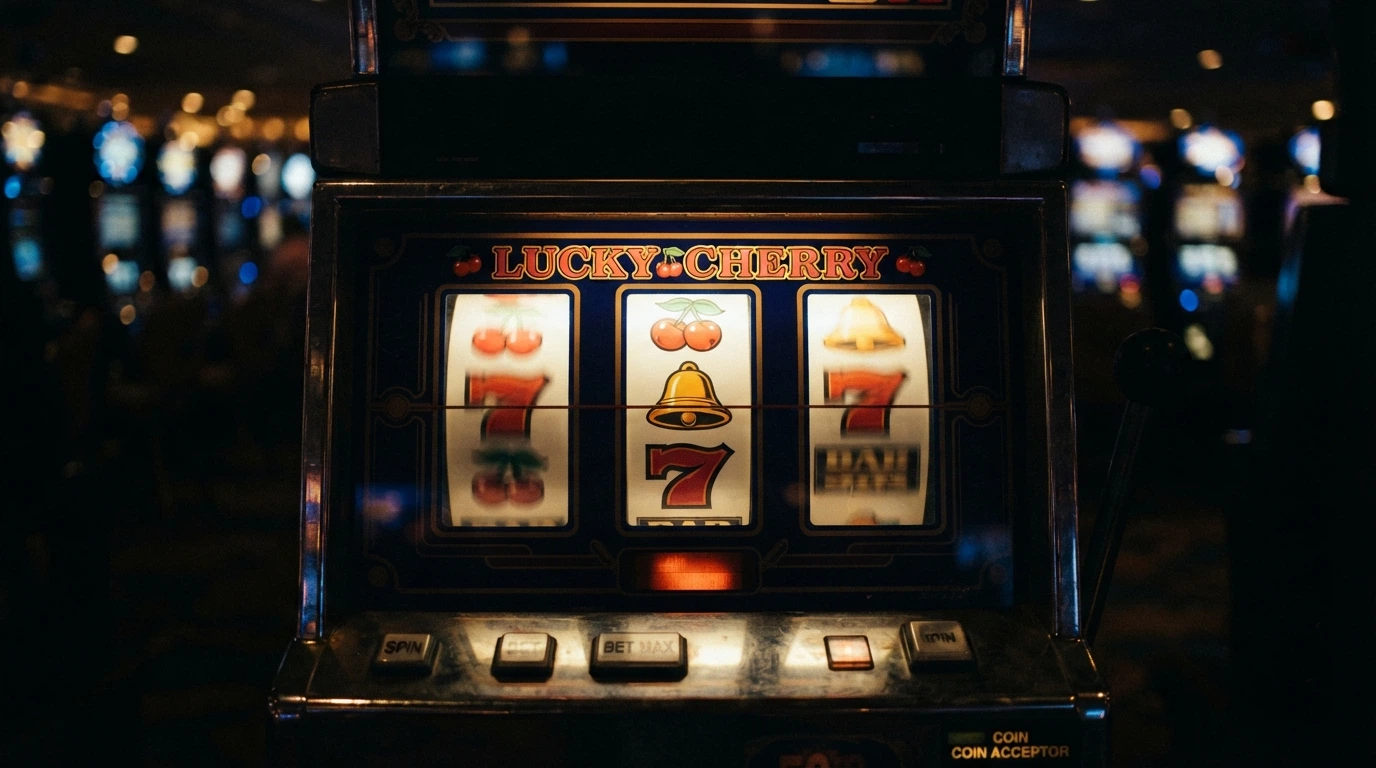 Une machine à sous en gros plan sur un écran, avec les rouleaux visibles et le tableau des gains affiché en surimpression, dans une ambiance tamisée de salle de jeu.