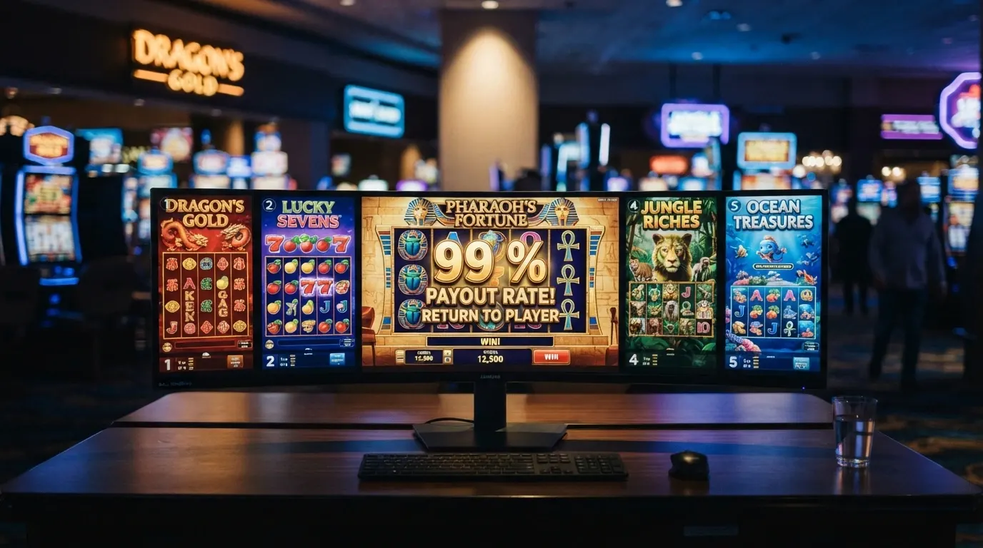Rangée de machines à sous colorées sur un écran de casino en ligne, avec un pourcentage RTP affiché en surimpression sur l'une d'elles
