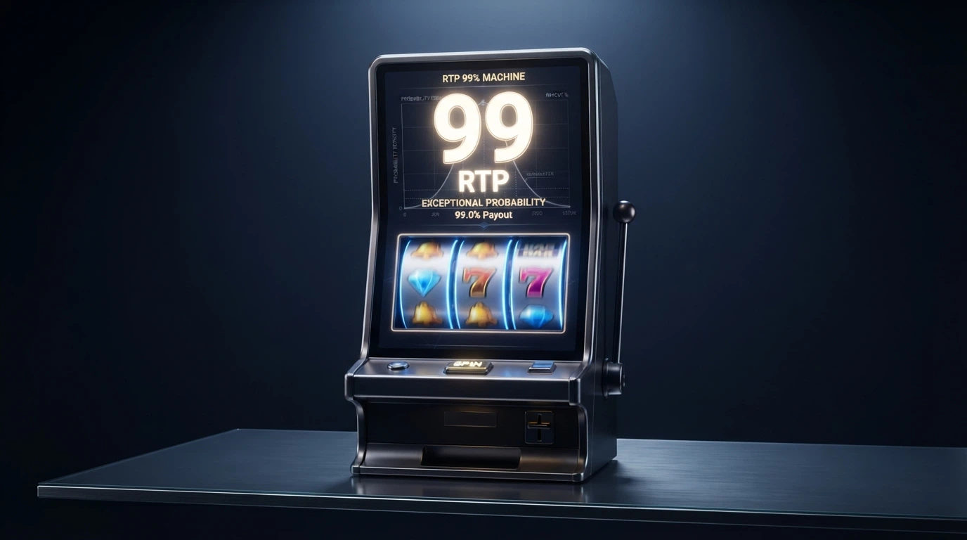 Une machine à sous virtuelle dont l'écran affiche le pourcentage 99 % en gros caractères, avec un graphique de probabilité en filigrane