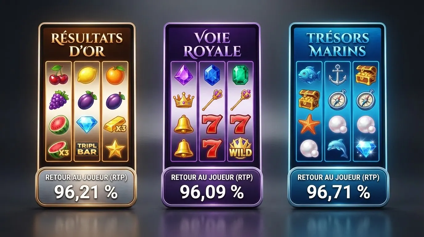 Trois paires de rouleaux de machines à sous côte à côte, chacune avec un pourcentage RTP affiché (96,71 %, 96,21 %, 96,09 %)