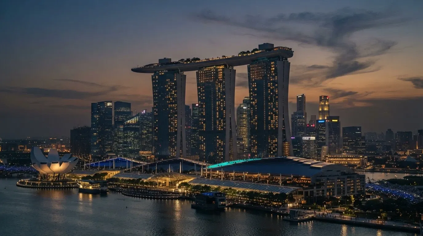 La silhouette du Marina Bay Sands à Singapour avec sa piscine à débordement sur le SkyPark et la skyline en arrière-plan