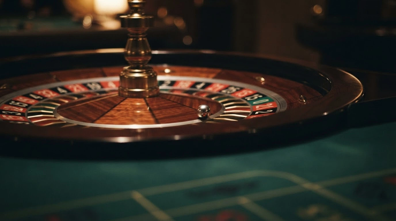 Un plan rapproché du cylindre de la roulette européenne, la bille en mouvement sur les numéros, le tapis de mise net en arrière-plan