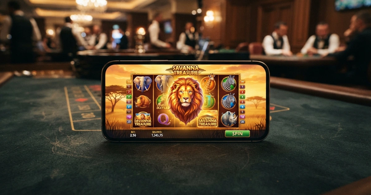 Interface de la machine à sous Mega Moolah sur écran, rouleaux 5×3 sur fond de savane africaine avec le lion emblématique