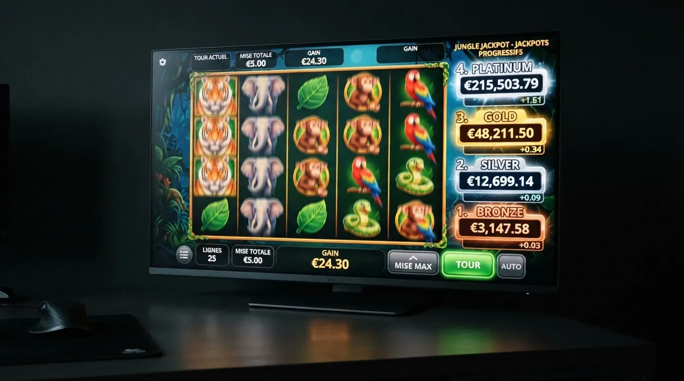 Écran du jeu Mega Moolah affichant ses quatre paliers de jackpot progressif