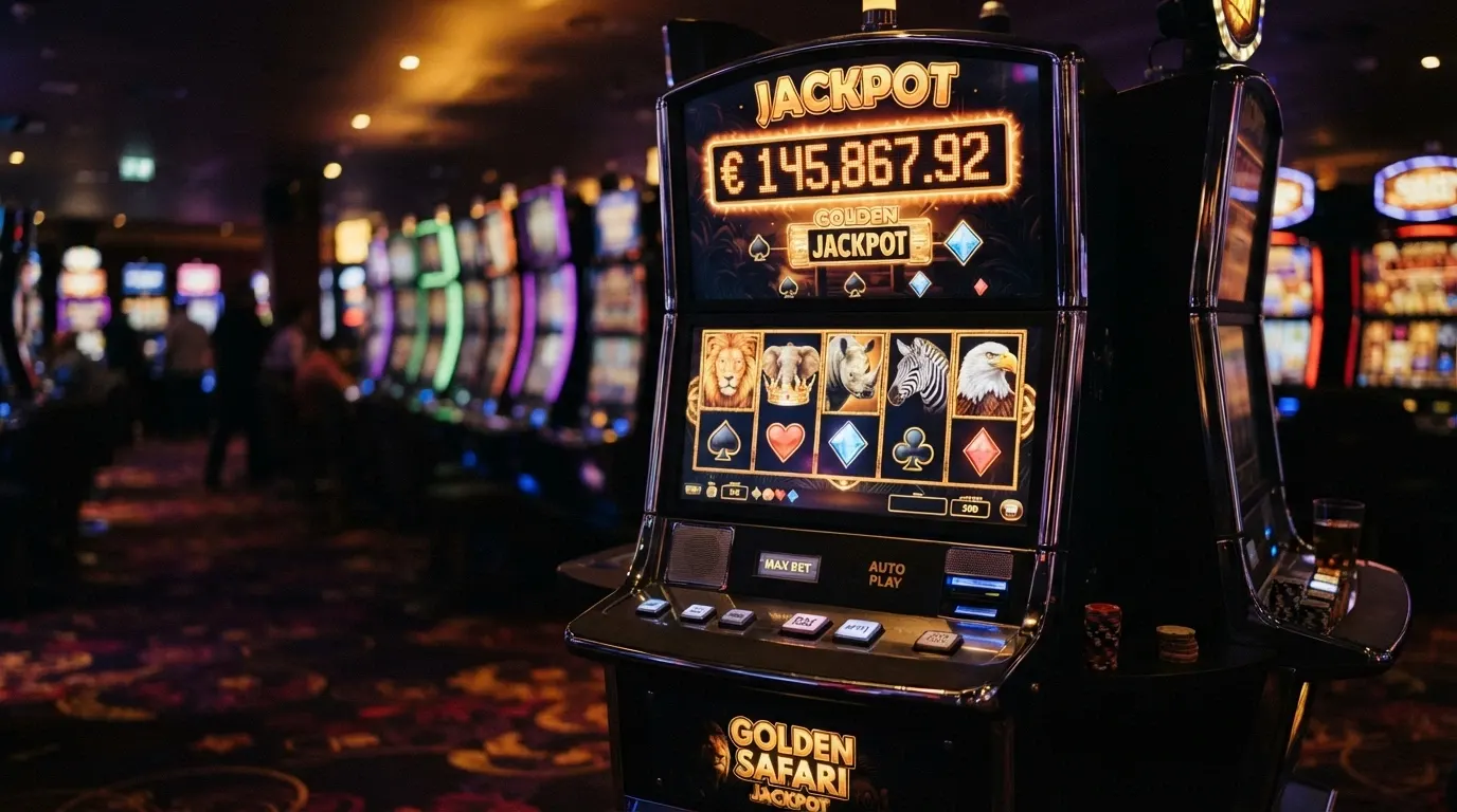 Machine à sous Mega Moolah en action, rouleaux arrêtés sur des symboles du jackpot progressif, compteur de gain affiché à l'écran