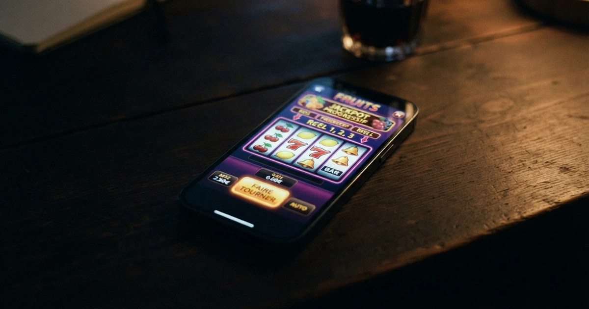 Un smartphone posé sur une table affichant une interface de casino en ligne, avec un fond sombre évoquant l'illégalité du marché