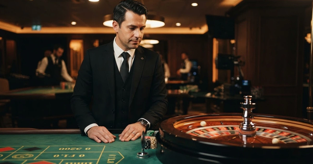 Un croupier en direct filmé en gros plan devant une table de roulette, les mains sur le tapis, le visage net et le décor de studio tamisé en arrière-plan