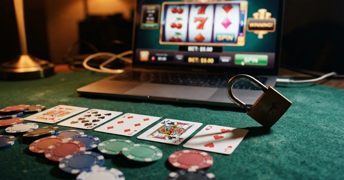 Une rangée de cartes à jouer et de jetons sur un fond d'écran d'ordinateur affichant l'interface d'un casino en ligne, avec un cadenas brisé en surimpression