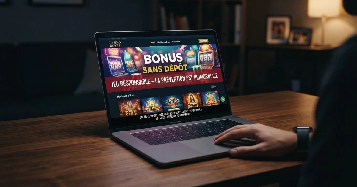 Capture d’écran d’une page d’accueil de casino en ligne affichant une bannière « bonus sans dépôt », avec un bandeau d’avertissement surimprimé