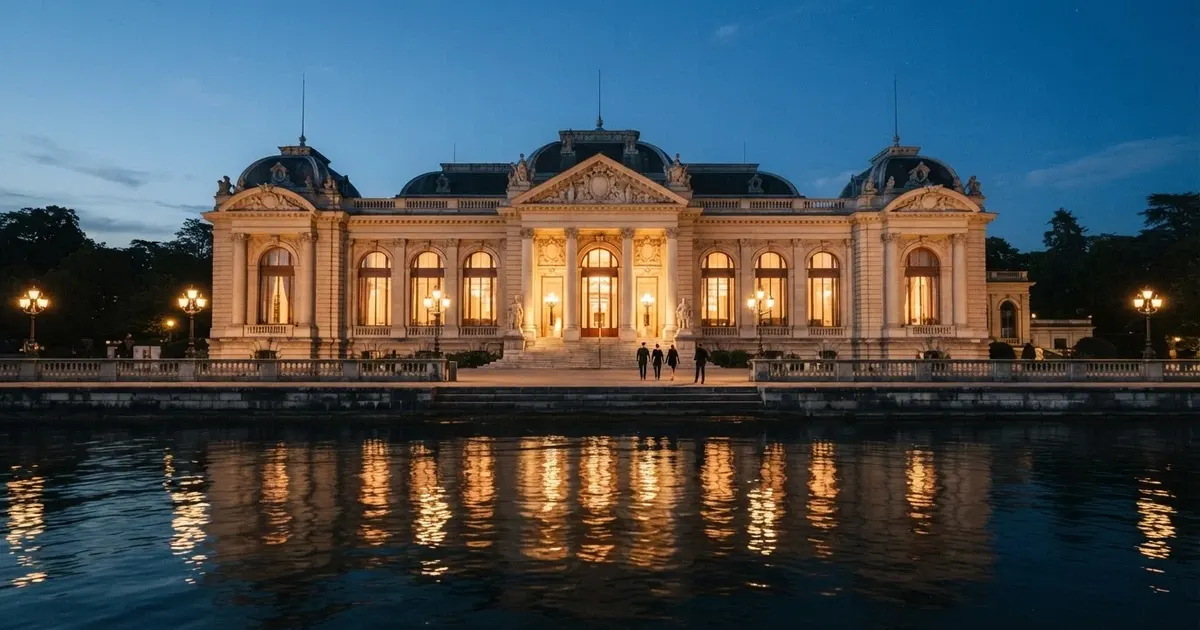 Vue d'ensemble de la façade illuminée du Casino Barrière d'Enghien-les-Bains, avec son lac et son entrée principale de nuit