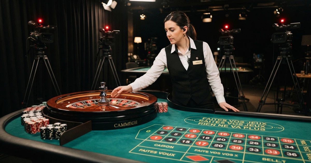Un croupier en direct anime une table de roulette depuis un studio de casino live, filmé par plusieurs caméras