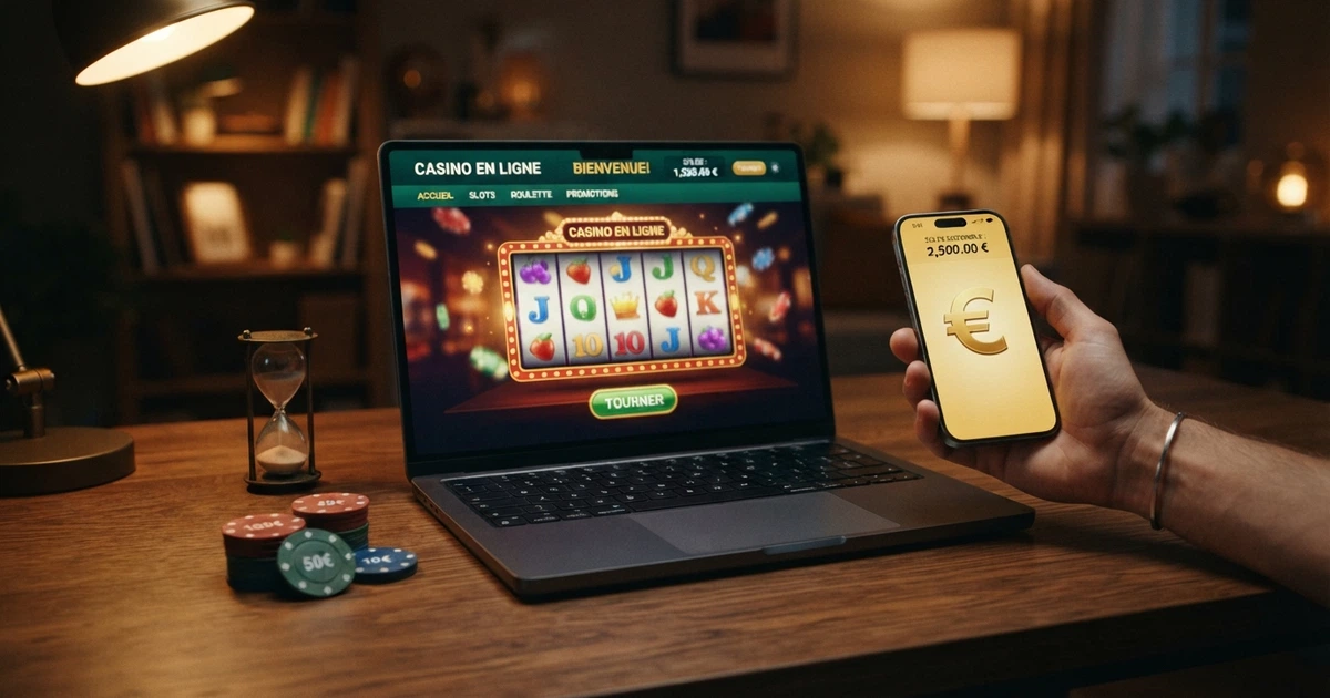 Un casino en ligne affiché sur un écran, entouré d'une carte bancaire, d'un portefeuille électronique et de pièces de cryptomonnaie, avec un chronomètre pour symboliser la rapidité du retrait.