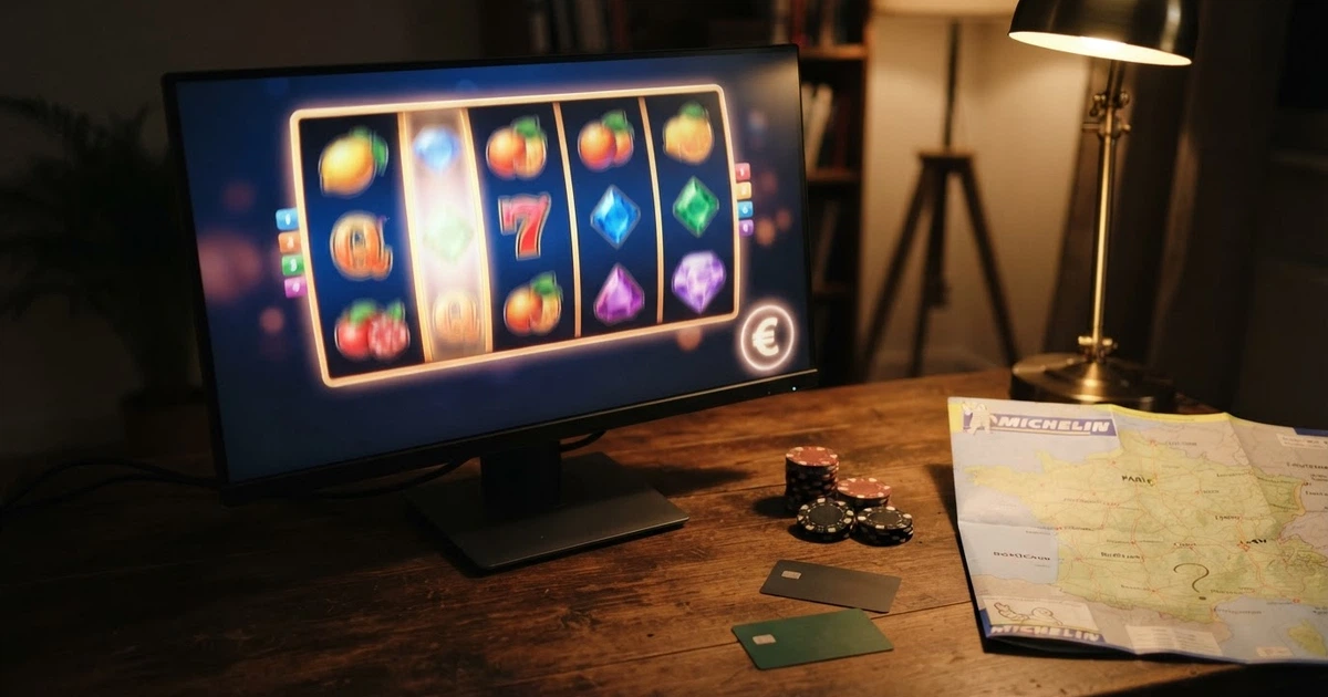 Écran d'ordinateur affichant une interface de machines à sous en ligne avec des jetons et des cartes bancaires posés à côté, une carte de France en arrière-plan marquée d'un point d'interrogation