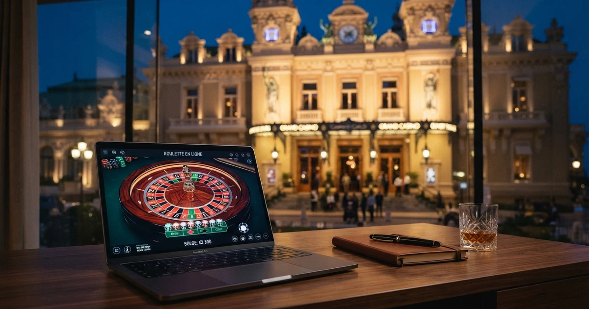 Un écran partagé entre l'interface d'un casino en ligne et la façade illuminée d'un casino terrestre de Las Vegas