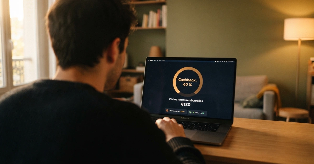 Un joueur consulte sur son écran le tableau de bord d'un casino en ligne affichant un pourcentage de cashback et un montant de pertes nettes remboursées