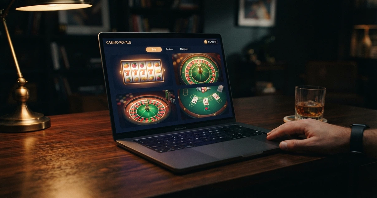 Interface d'un casino en ligne affichant des vignettes de machines à sous, une table de roulette et un menu de navigation sur fond sombre