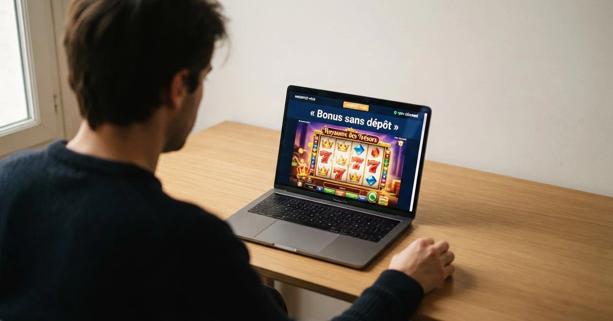Interface d'un casino en ligne affichant une bannière de bonus sans dépôt en français