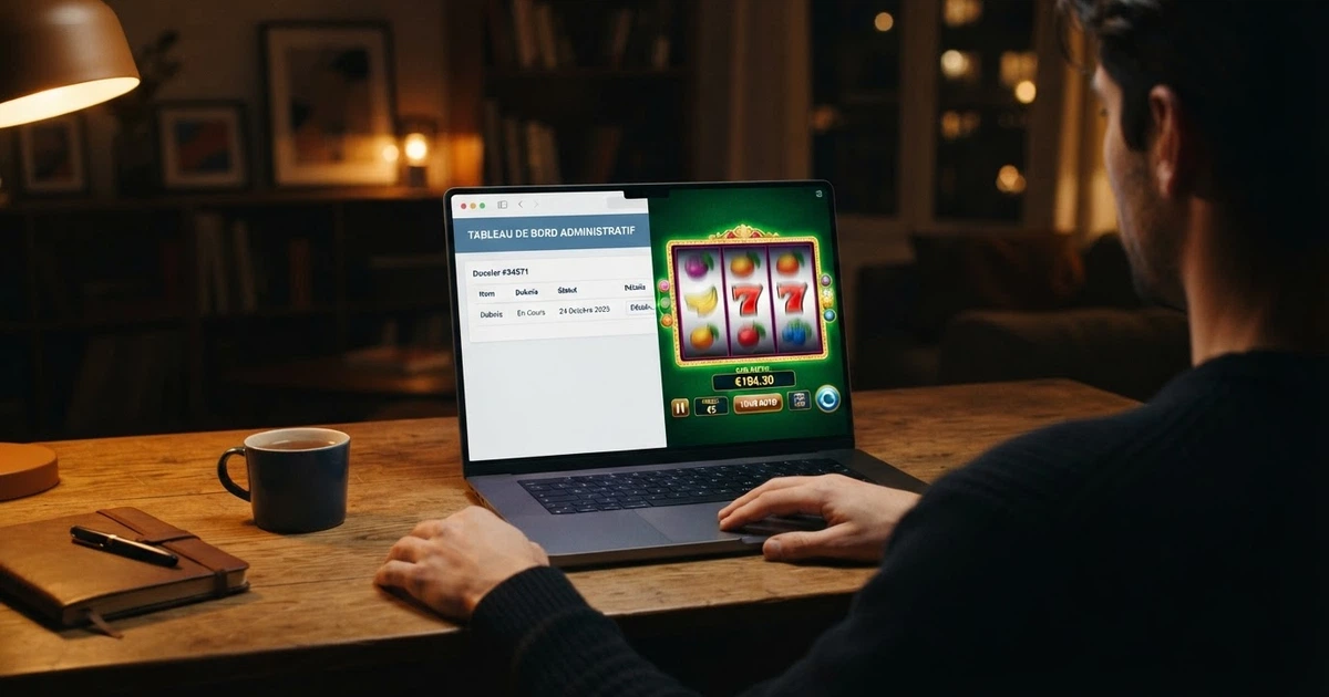 Illustration d'un écran partagé entre le site de l'ANJ et une interface de casino en ligne, symbolisant la frontière entre le marché licencié et le marché offshore