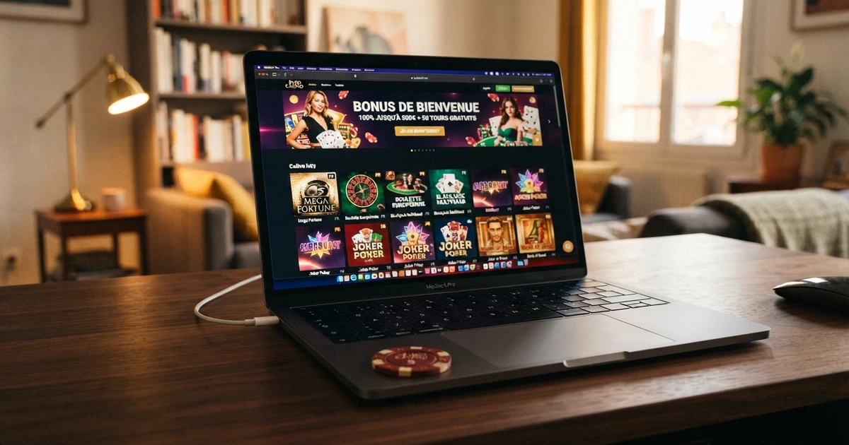 Page d'accueil d'un casino en ligne vue sur un écran d'ordinateur portable, avec une bannière de bonus de bienvenue affichée en français et l'interface de lobby de jeux visible en arrière-plan