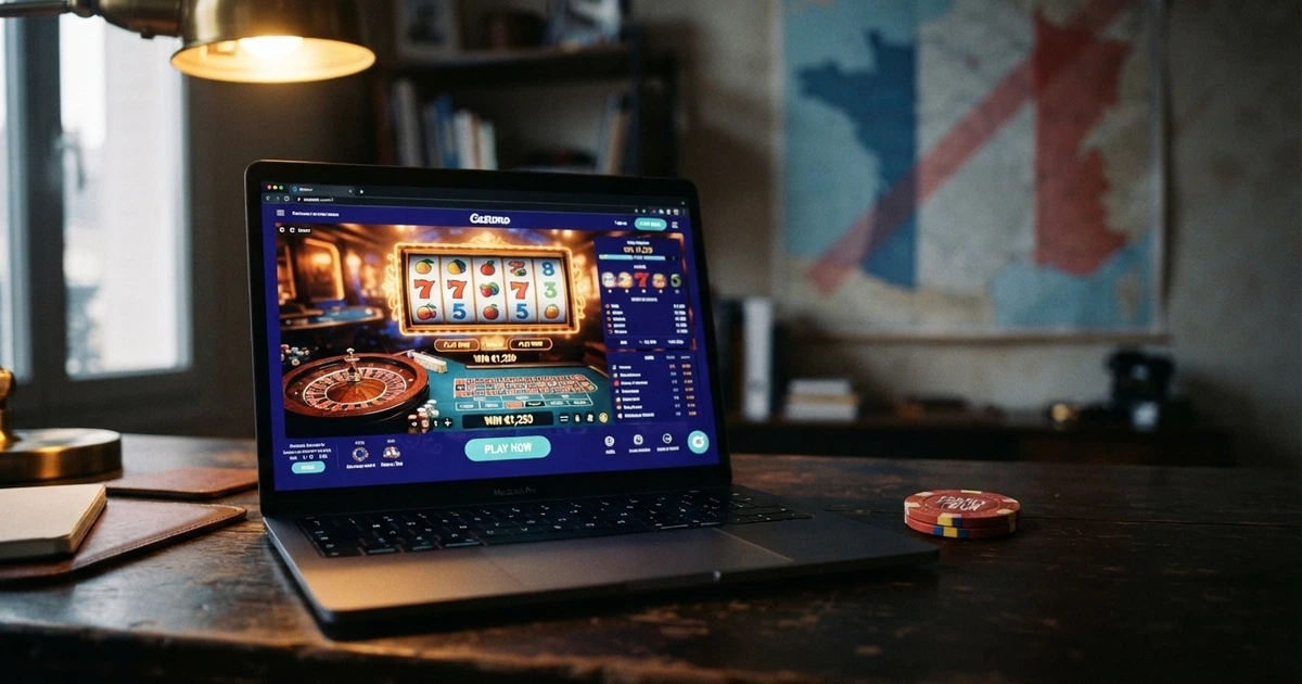 Écran d'ordinateur affichant la page d'accueil d'un casino en ligne, avec une carte de la France en surimpression barrée d'un trait rouge, et l'icône d'un cadenas ouvert à côté du logo ANJ