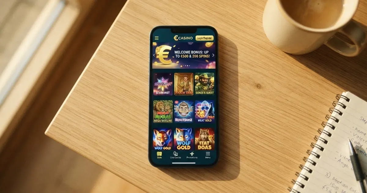 Smartphone Android posé sur une table, écran allumé montrant la page d'accueil d'un casino en ligne avec des vignettes de machines à sous