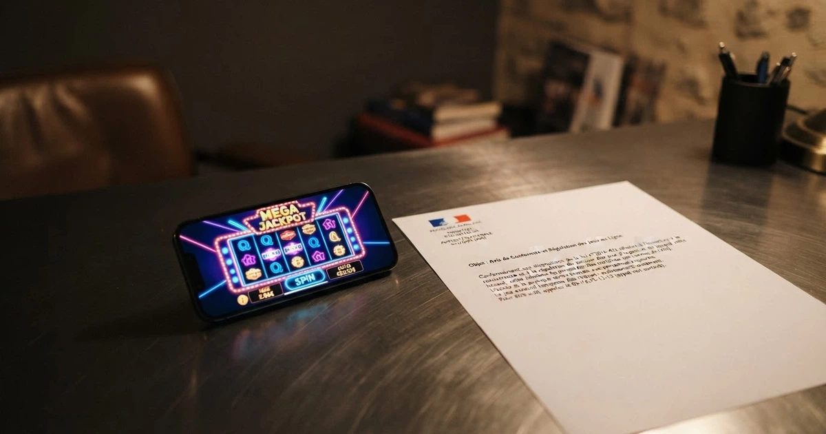 Un iPhone affichant l'écran d'accueil d'un casino en ligne, posé à côté d'un document officiel de l'ANJ