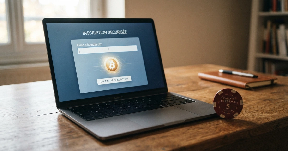 Un écran d'ordinateur affichant une page d'inscription de casino en ligne, avec le champ « pièce d'identité » laissé vide et une icône cryptomonnaie en surbrillance