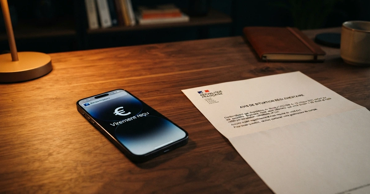Un écran de smartphone affichant une notification de virement bancaire, posé à côté d'un document officiel portant le logo de l'ANJ