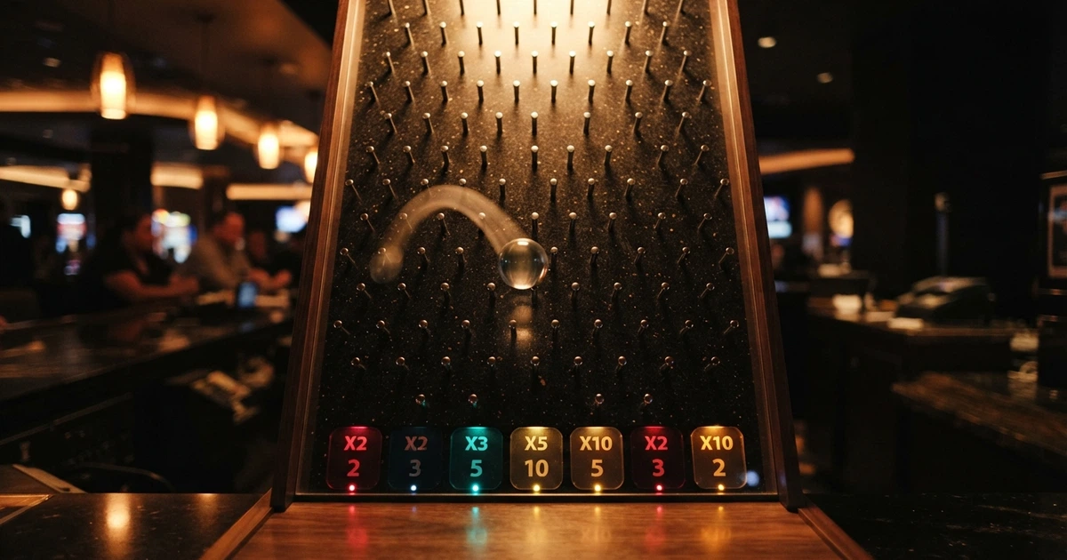 Un plateau de jeu Plinko avec sa pyramide de multiplicateurs colorés et une bille tombant à travers les picots