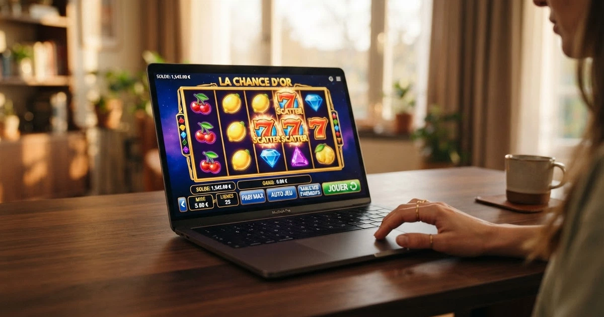 Interface d'une machine à sous en ligne affichant cinq rouleaux, des symboles colorés et les boutons de mise en français
